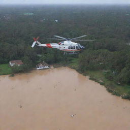 A rescue helicopter hovering above floodwaters, deploying an aid package