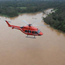 A rescue helicopter hovering above floodwaters, deploying an aid package