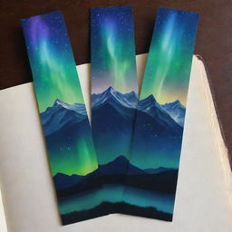 Bookmarks with a background of aurora lights shimmering over mountain peaks in a serene nighttime scene.