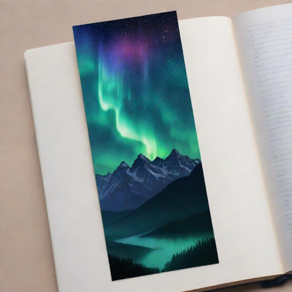 Bookmarks with a background of aurora lights shimmering over mountain peaks in a serene nighttime scene.