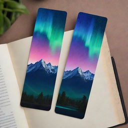 Bookmarks with a background of aurora lights shimmering over mountain peaks in a serene nighttime scene.