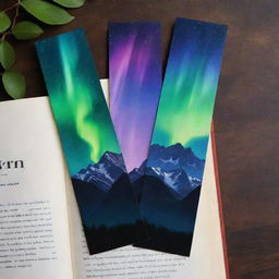 Bookmarks with a background of aurora lights shimmering over mountain peaks in a serene nighttime scene.