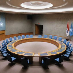 A throughly detailed illustration of the United Nations Security Council meeting room with representatives from different countries, a large round table, and various nations' flags.