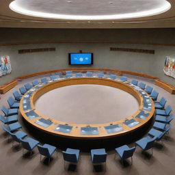 A throughly detailed illustration of the United Nations Security Council meeting room with representatives from different countries, a large round table, and various nations' flags.