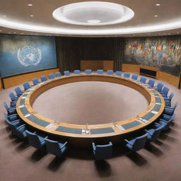 A throughly detailed illustration of the United Nations Security Council meeting room with representatives from different countries, a large round table, and various nations' flags.