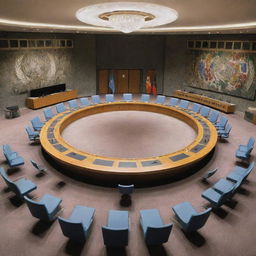 A throughly detailed illustration of the United Nations Security Council meeting room with representatives from different countries, a large round table, and various nations' flags.