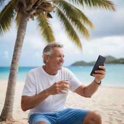 A 53-year-old individual joyfully playing with a PlayStation 5 under a palm tree on a Caribbean beach, enjoying a tropical beverage.