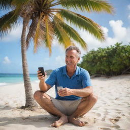 A 53-year-old individual joyfully playing with a PlayStation 5 under a palm tree on a Caribbean beach, enjoying a tropical beverage.