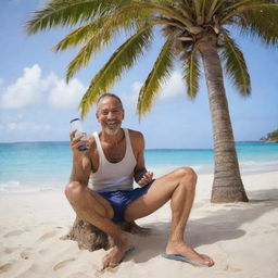 A 53-year-old individual joyfully playing with a PlayStation 5 under a palm tree on a Caribbean beach, enjoying a tropical beverage.