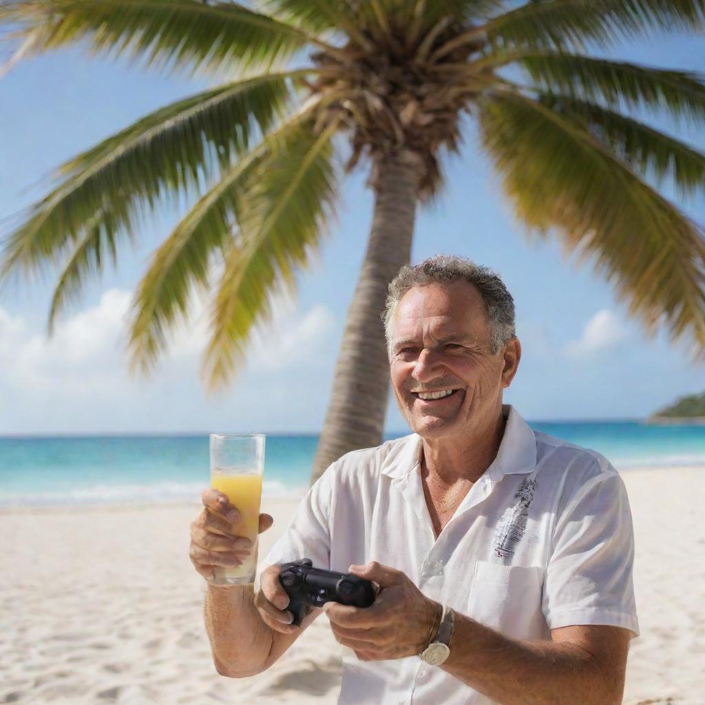 A 53-year-old individual joyfully playing with a PlayStation 5 under a palm tree on a Caribbean beach, enjoying a tropical beverage.