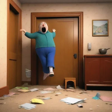 The clumsy character floundered around the room, bumping into walls and knocking over furniture, creating a comical scene.