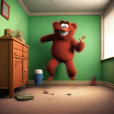 The clumsy character floundered around the room, bumping into walls and knocking over furniture, creating a comical scene.