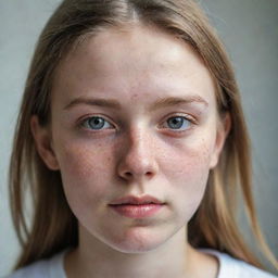 Close-up portrait of a young girl, her face characterized by severe acne, blurring conventional beauty norms and emphasizing her distinctive and unique charm.