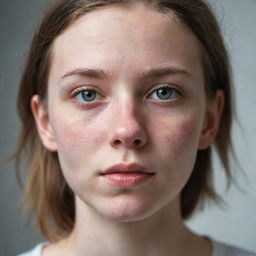 Close-up portrait of a young girl, her face characterized by severe acne, blurring conventional beauty norms and emphasizing her distinctive and unique charm.