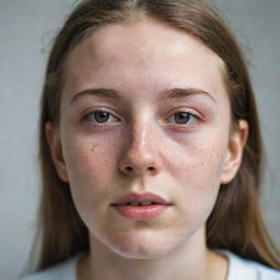 Close-up portrait of a young girl, her face characterized by severe acne, blurring conventional beauty norms and emphasizing her distinctive and unique charm.