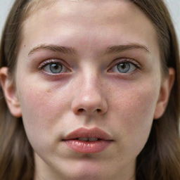 Close-up portrait of a young girl, her face characterized by severe acne, blurring conventional beauty norms and emphasizing her distinctive and unique charm.