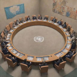 A whimsical illustration of the United Nations Security Council filled with cats representing different nations, gathered around a large round table.