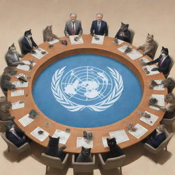 A whimsical illustration of the United Nations Security Council filled with cats representing different nations, gathered around a large round table.