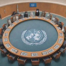 A whimsical illustration of the United Nations Security Council filled with cats representing different nations, gathered around a large round table.