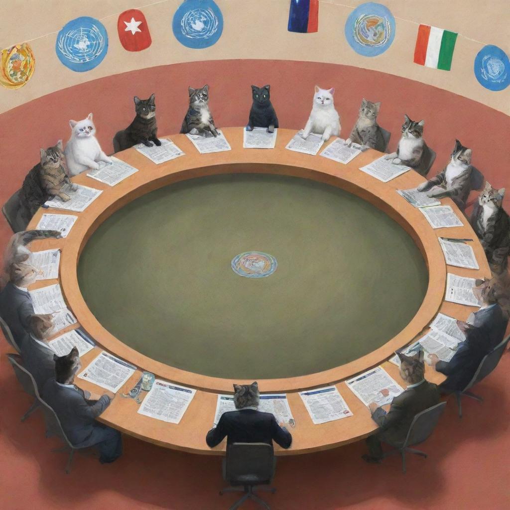 A whimsical illustration of the United Nations Security Council filled with cats representing different nations, gathered around a large round table.