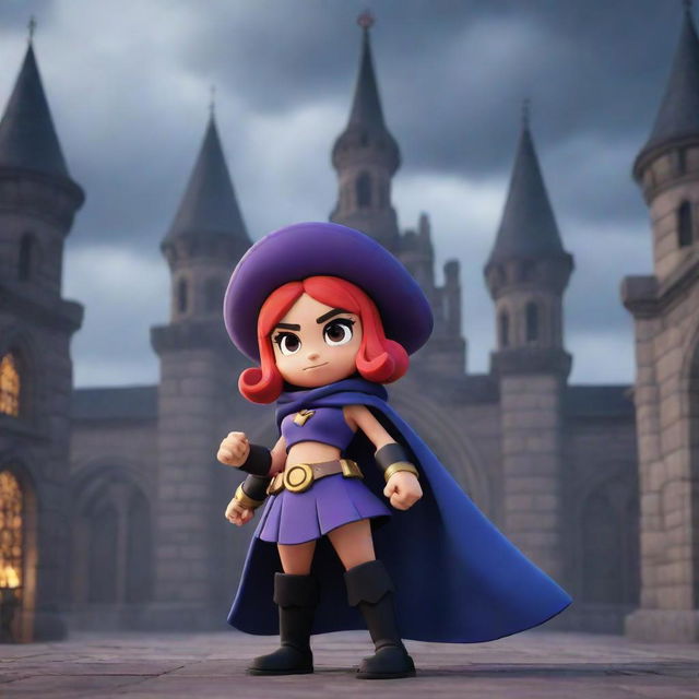 Shelly from Brawl Stars, in a dark fantasy, Renaissance style environment. She is striking a heroic pose in elaborate, historical clothing against a backdrop of towering gothic architecture under a gloomy sky.