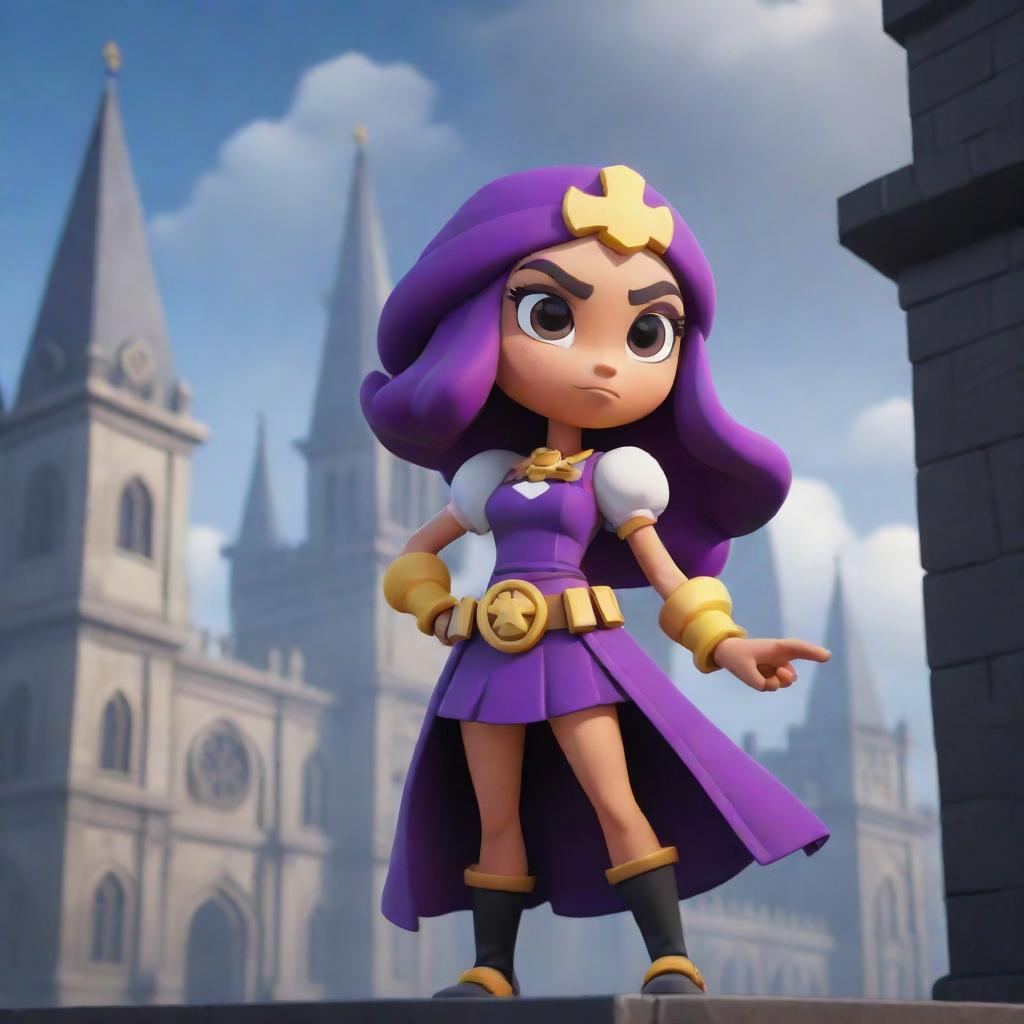 Shelly from Brawl Stars, in a dark fantasy, Renaissance style environment. She is striking a heroic pose in elaborate, historical clothing against a backdrop of towering gothic architecture under a gloomy sky.