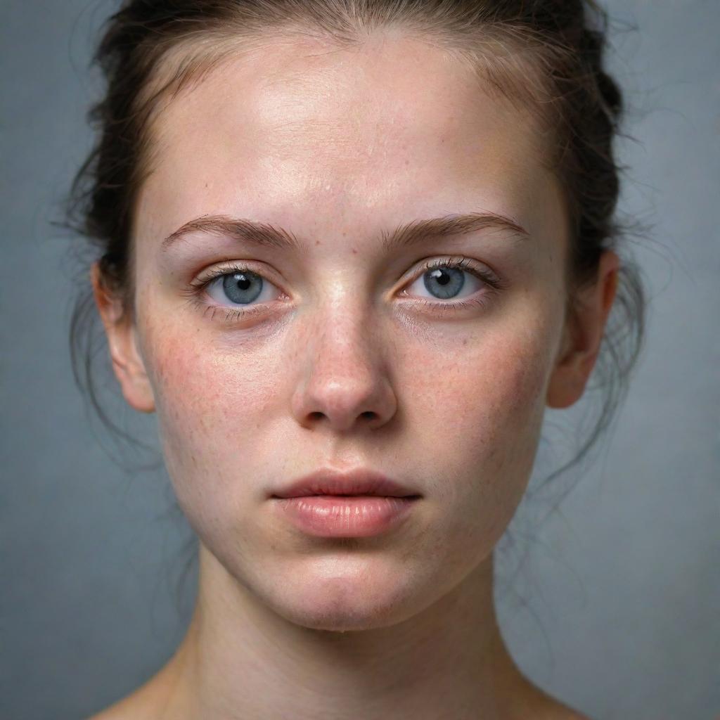 Modify the portrait to exaggerate the severity of the acne on the girl's face, highlighting each spot and the overall texture created by the acne.