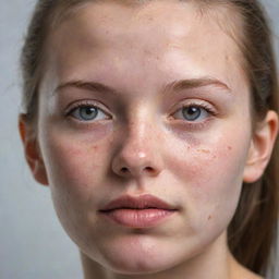 Modify the portrait to exaggerate the severity of the acne on the girl's face, highlighting each spot and the overall texture created by the acne.