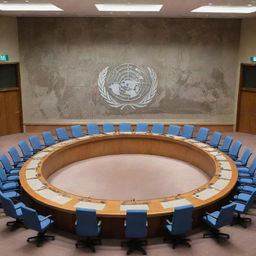 An allegorical illustration of the UN Security Council with Israel in a leadership position, guiding a meeting in the council room represented by symbols or flags of Israel.