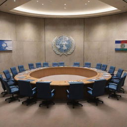 An allegorical illustration of the UN Security Council with Israel in a leadership position, guiding a meeting in the council room represented by symbols or flags of Israel.