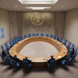 An allegorical illustration of the UN Security Council with Israel in a leadership position, guiding a meeting in the council room represented by symbols or flags of Israel.