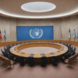 An allegorical illustration of the UN Security Council with Israel in a leadership position, guiding a meeting in the council room represented by symbols or flags of Israel.