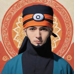 Design a high-quality, anime-style image of the Naruto character envisaged as an Imam, clad in traditional Islamic attire, with iconic ninja headband and bright, energetic hues.