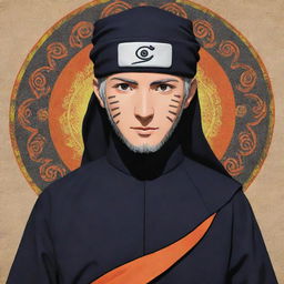 Design a high-quality, anime-style image of the Naruto character envisaged as an Imam, clad in traditional Islamic attire, with iconic ninja headband and bright, energetic hues.