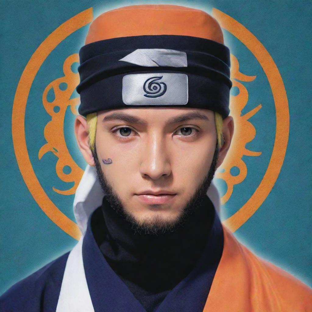 Design a high-quality, anime-style image of the Naruto character envisaged as an Imam, clad in traditional Islamic attire, with iconic ninja headband and bright, energetic hues.