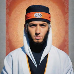 Design a high-quality, anime-style image of the Naruto character envisaged as an Imam, clad in traditional Islamic attire, with iconic ninja headband and bright, energetic hues.