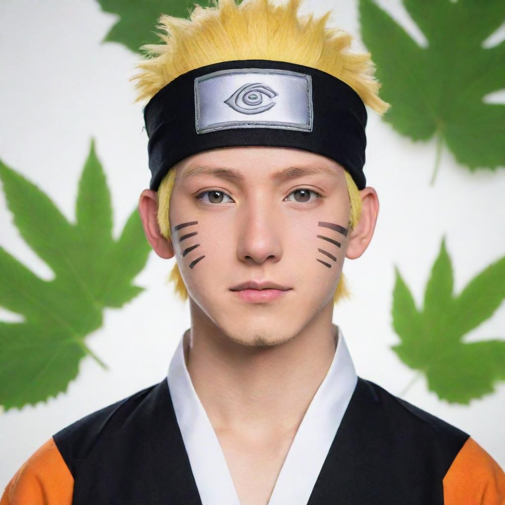 Create an anime-style image of Naruto wearing traditional Islamic attire, complete with his iconic leaf village headband.