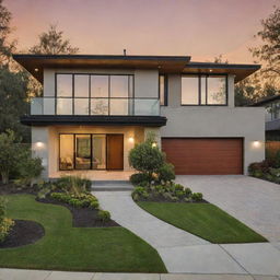 A sophisticated, modern home exterior with lush landscaping, reflecting the golden sunset hues.