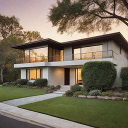 A sophisticated, modern home exterior with lush landscaping, reflecting the golden sunset hues.