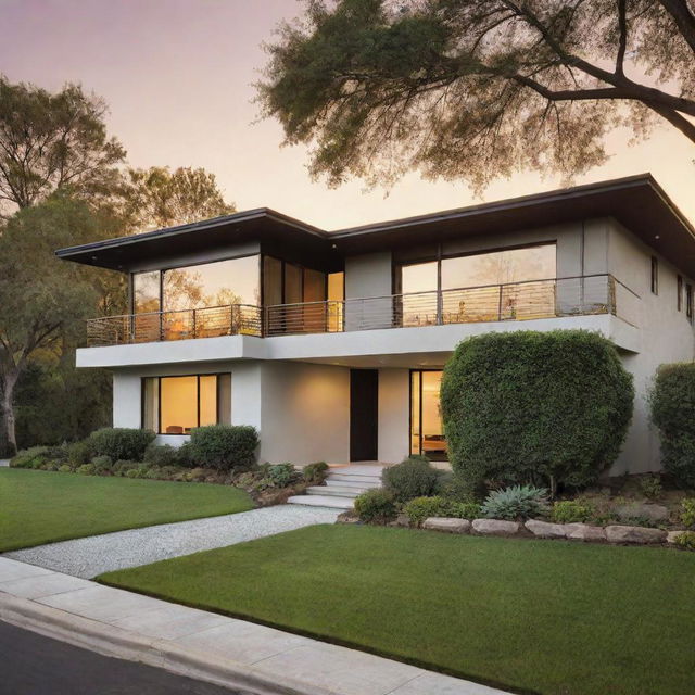 A sophisticated, modern home exterior with lush landscaping, reflecting the golden sunset hues.