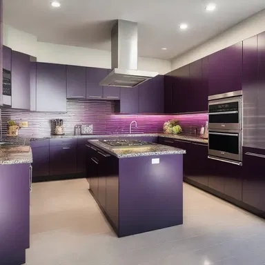 The modern kitchen design features sleek countertops and a vibrant eggplant-colored backsplash, adding a touch of elegance and sophistication.