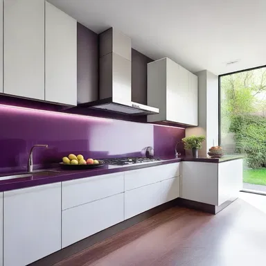 The modern kitchen design features sleek countertops and a vibrant eggplant-colored backsplash, adding a touch of elegance and sophistication.