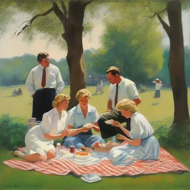 The painting depicted a group of shirtlifters enjoying a picnic in the park.