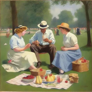 The painting depicted a group of shirtlifters enjoying a picnic in the park.