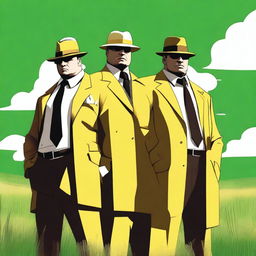 A high-quality digital art image depicting three mafia characters dressed in yellow and white uniforms, standing on a green field