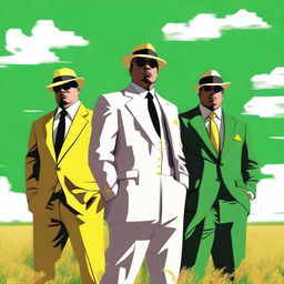 A high-quality digital art image depicting three mafia characters dressed in yellow and white uniforms, standing on a green field
