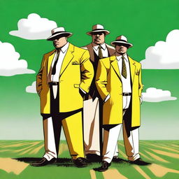 A high-quality digital art image depicting three mafia characters dressed in yellow and white uniforms, standing on a green field