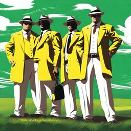 A high-quality digital art image depicting three mafia characters dressed in yellow and white uniforms, standing on a green field