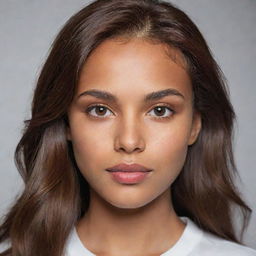 A girl with light olive skin, chestnut to dark red hair, a small nose, a small mole on her lips and almond brown to hazel eyes.