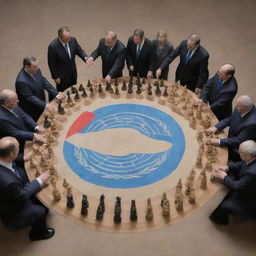 An artistic representation of the UN Security Council being guided by the metaphorical hands of Israel, perhaps visualized through large hands delicately maneuvering chess pieces with flags of the council's member nations.